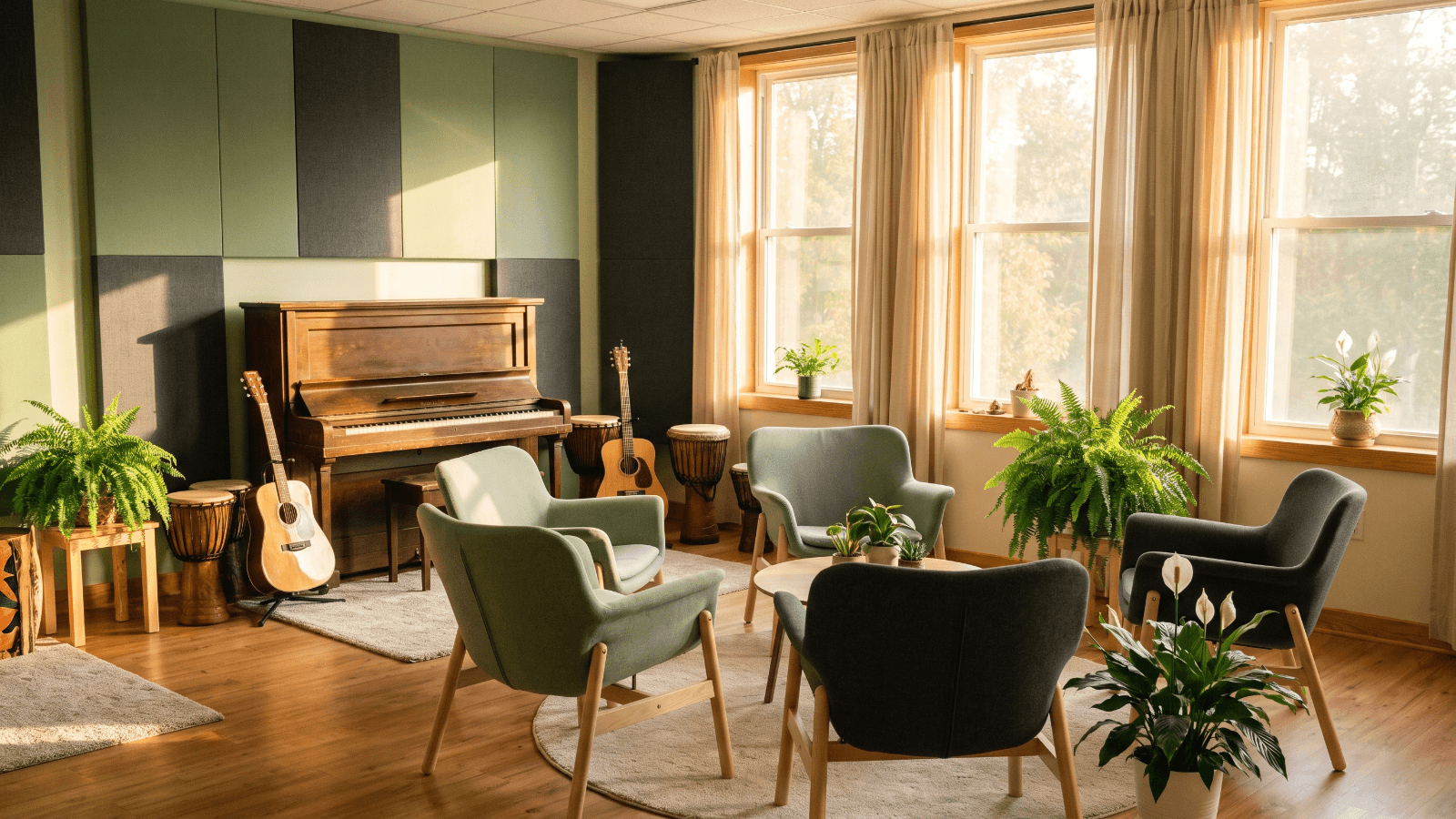 A warm, sunlit music therapy room with a piano, guitars, hand drums and a circle of chairs